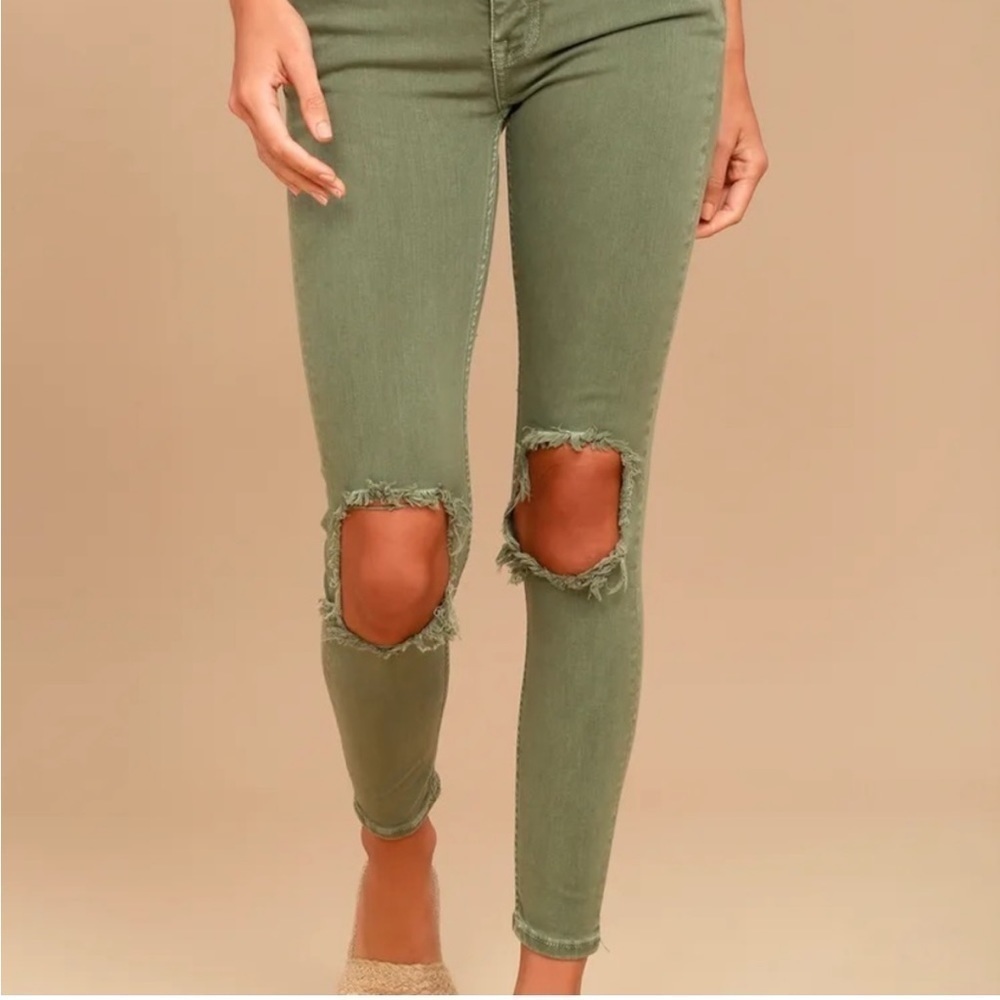 Free People High Rise Busted Olive Green Distressed Skinny Jeans - Picture 15 of 15